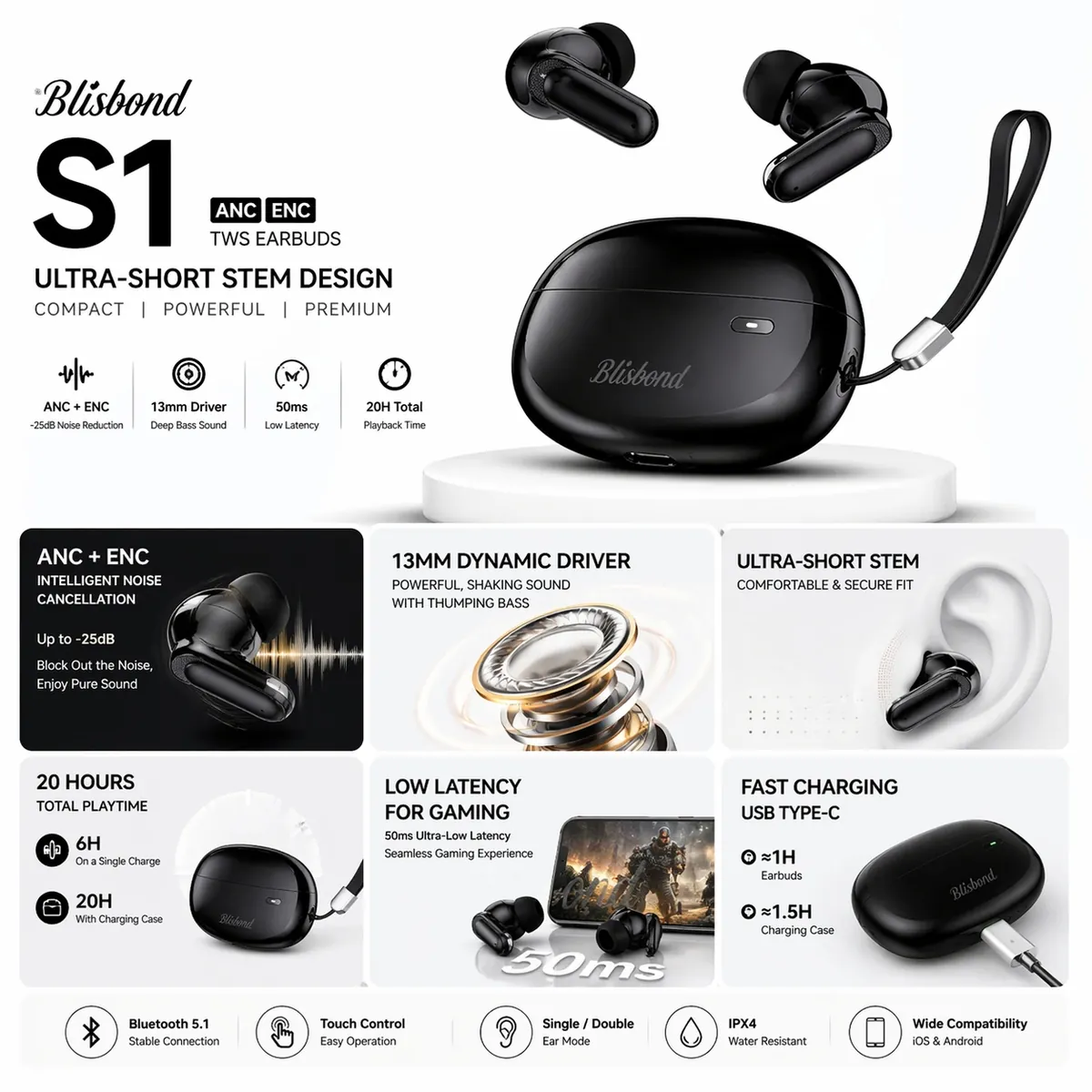 Blisbond S1 Ultra-Short Stem Design ANC ENC TWS Earbuds – Price in Bangladesh Blisbond S1 ANC ENC TWS earbuds ultra short stem design price in Bangladesh