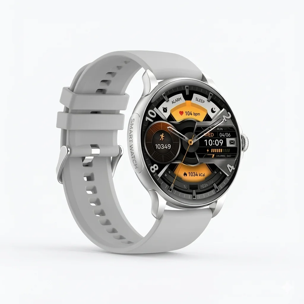 Blisbond Senor AMOLED Bluetooth Calling Smart Watch silver with HD round display and silicone strap