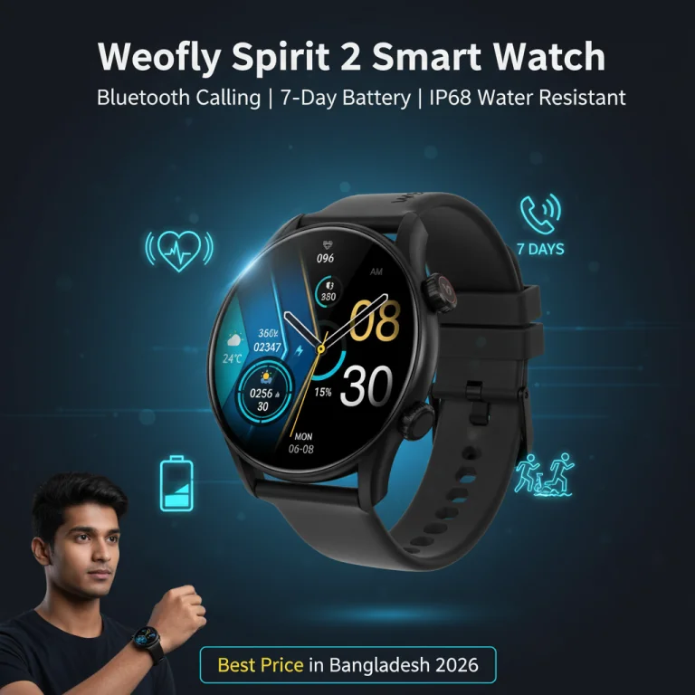 Weofly Spirit 2 AMOLED Bluetooth Calling Smart Watch showing HD display, fitness tracking and stylish design in Bangladesh 2026